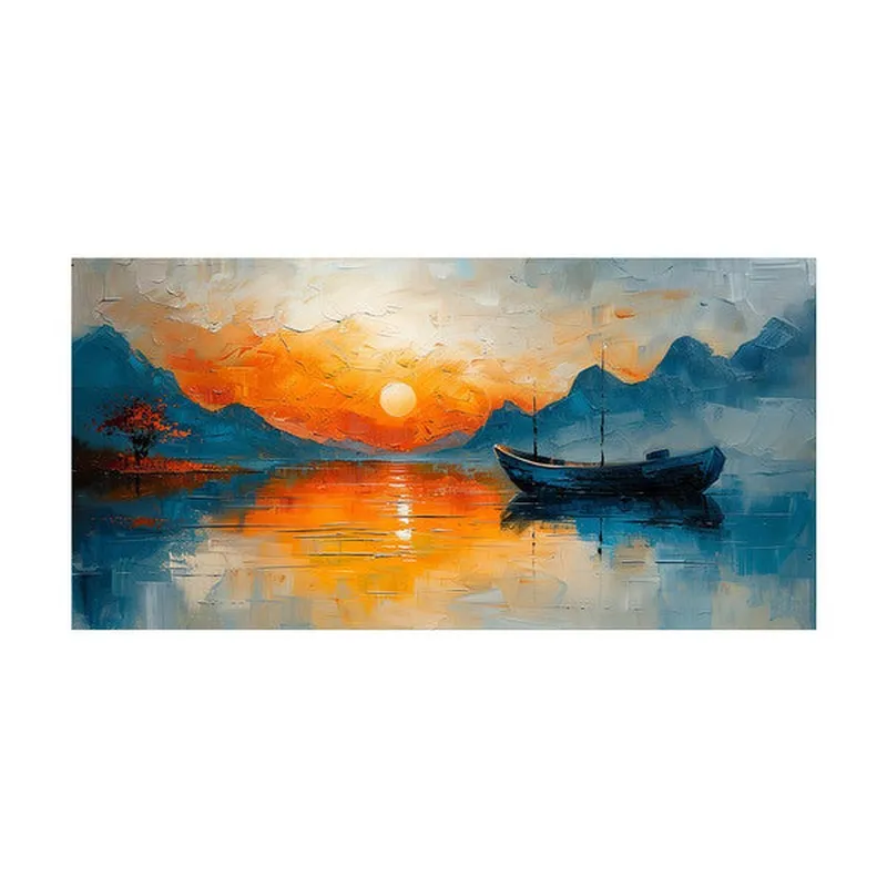 Ocean Sunset And Solitary Boat Wall Painting media 4