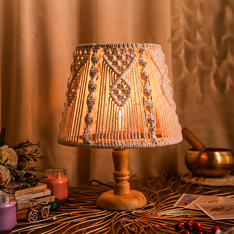 Behnam Macrame Wooden Table Lamp - White,Beige
