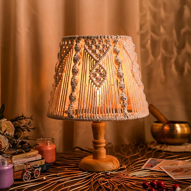 Behnam Macrame Wooden Table Lamp - White,Beige media 1