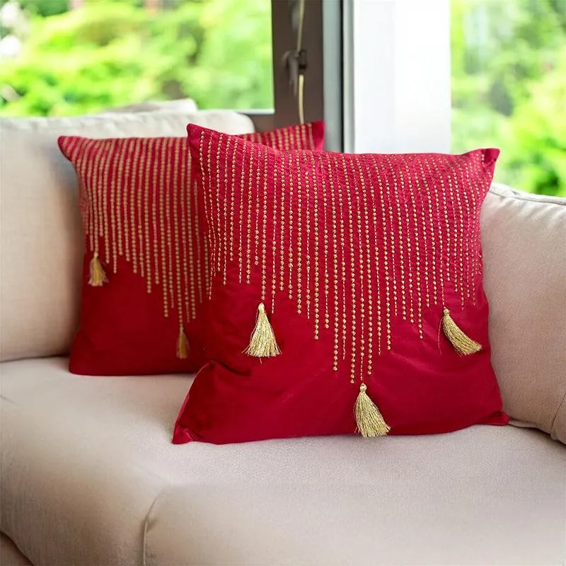 Needlecraft Embroidered Cotton Cushion Cover (Red) - Set Of Two media 2