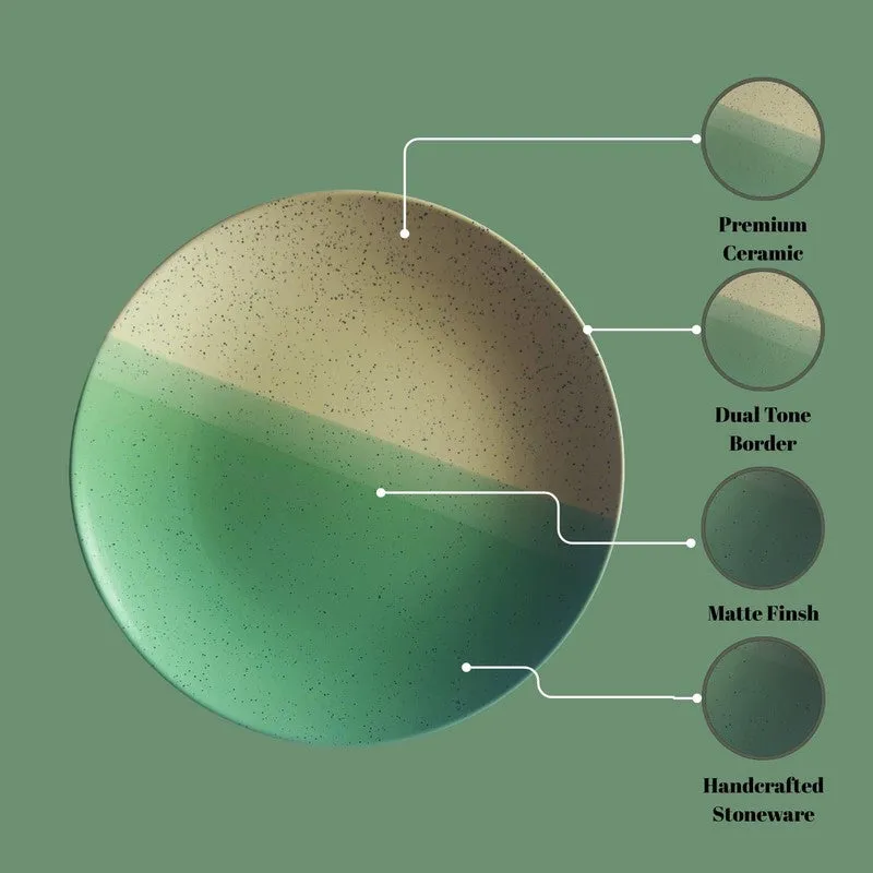 Close-up of the green and beige speckled plate showing its glossy finish
