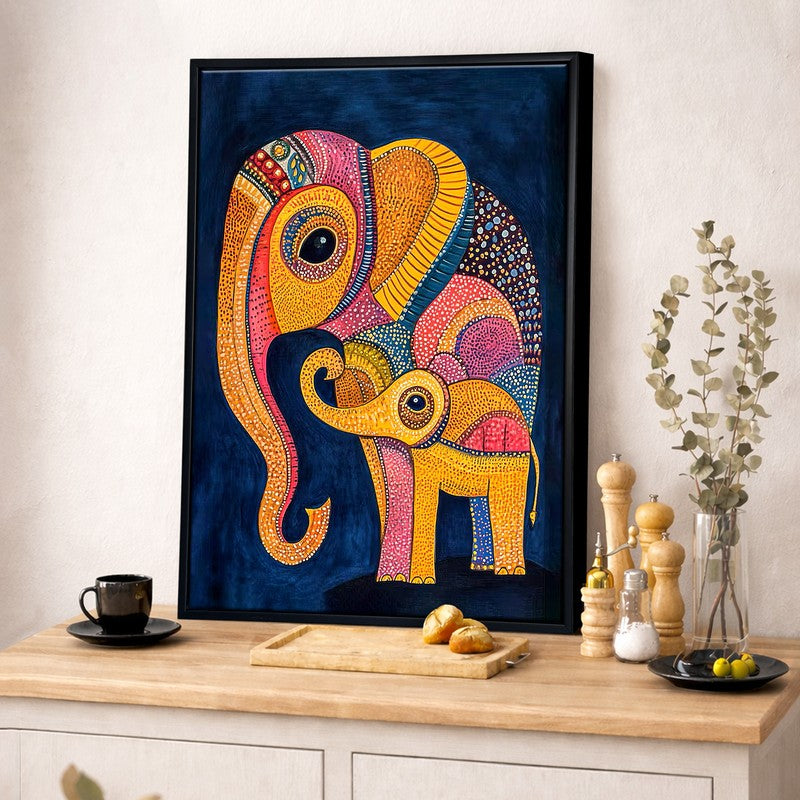 Gond Elephant Canvas wall Painting With Wooden Frame