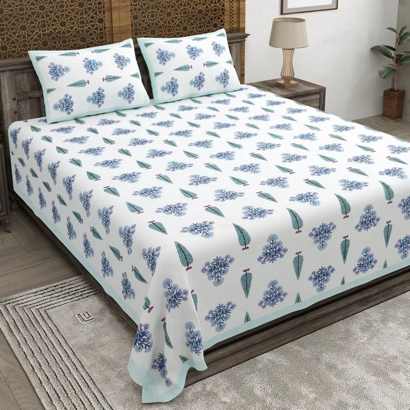 Desia Cotton Bedsheet (White,Blue) - 240 TC media 1