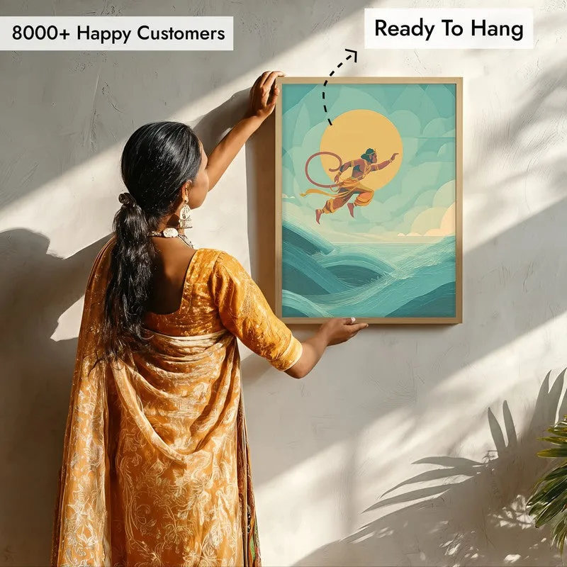 Bajrangbali Flying Over Sea Archival Paper Wall Art - Natural Brown Frame media 7