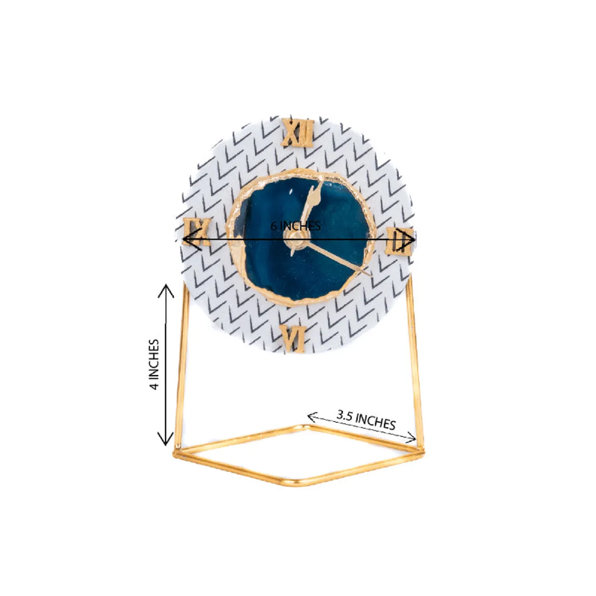 Standalone round table clock shown with its compact base and gold frame