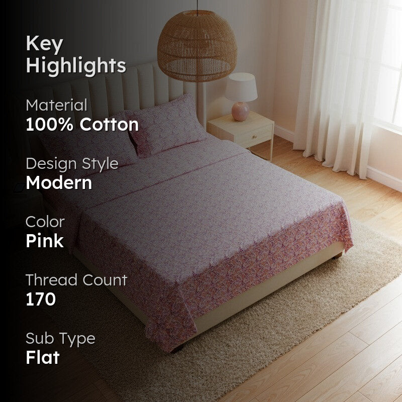 Leafy Vine Cotton Bedsheet (Pink) - 170 TC media 2