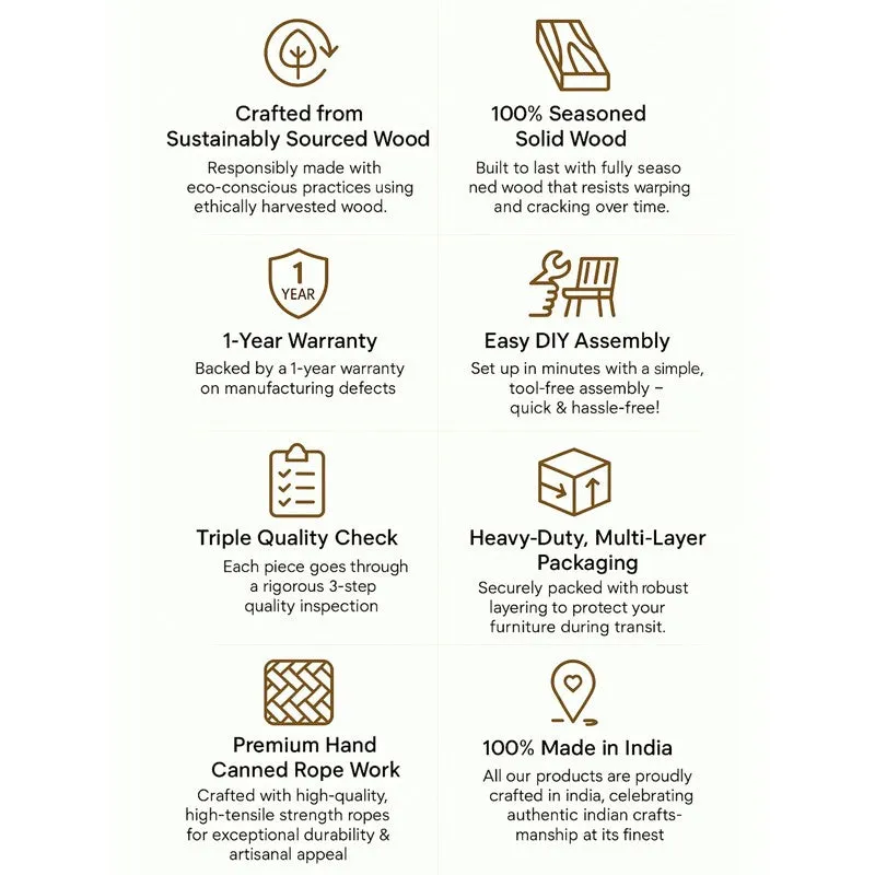 Feature graphic highlighting solid wood, DIY assembly and hand-canned rope work