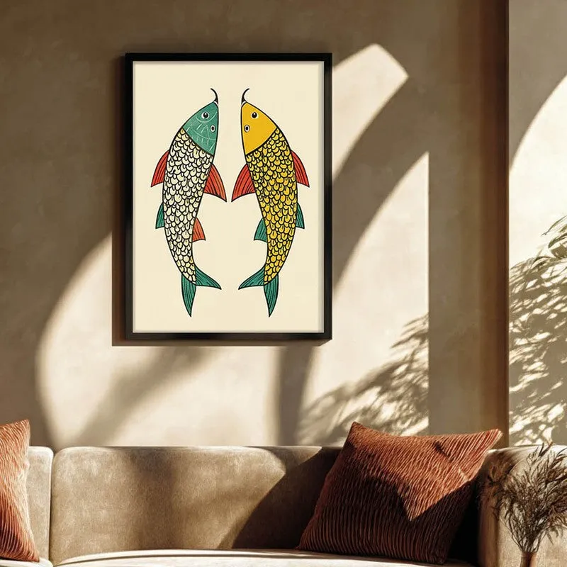 Twin Fish Folk Art Canvas Wall Painting With Black Frame media 3
