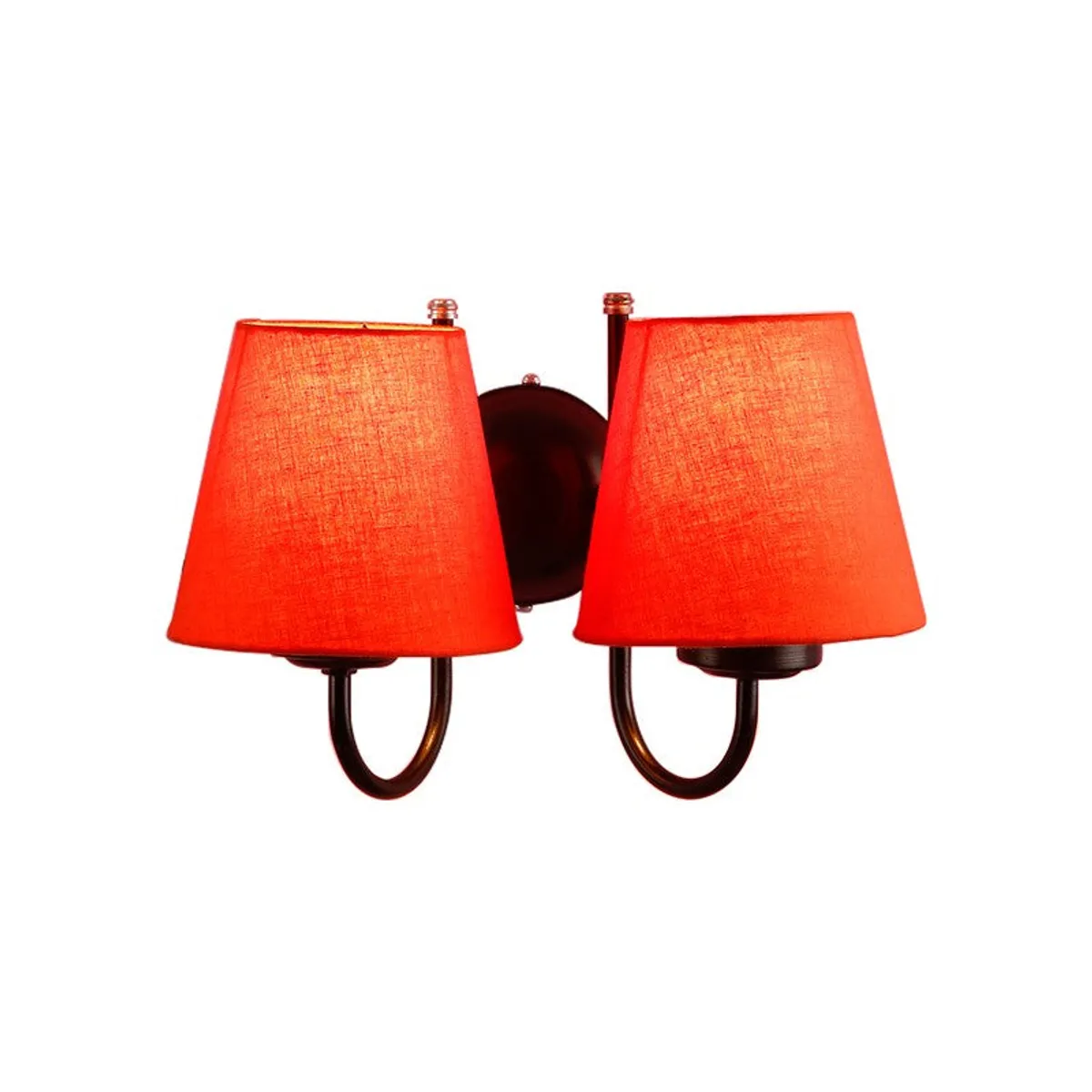 Lit orange dual-shade wall lamp on white background