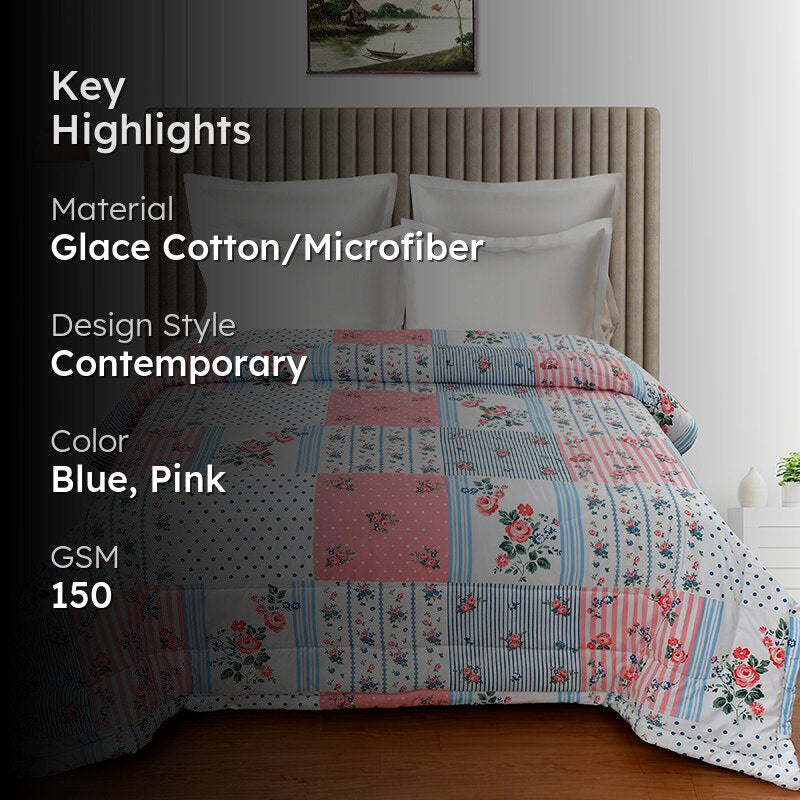 Pink Bloom Grid Floral Comforter - 150 GSM media 2