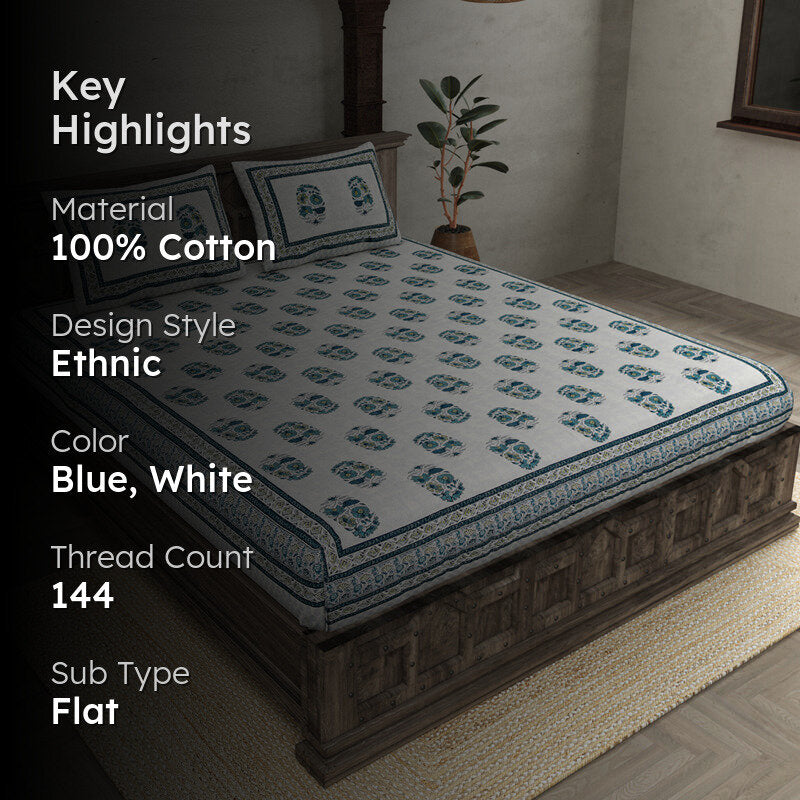 Agriya Ethnic Printed Cotton Bedsheet (Blue) - 144 TC media 2