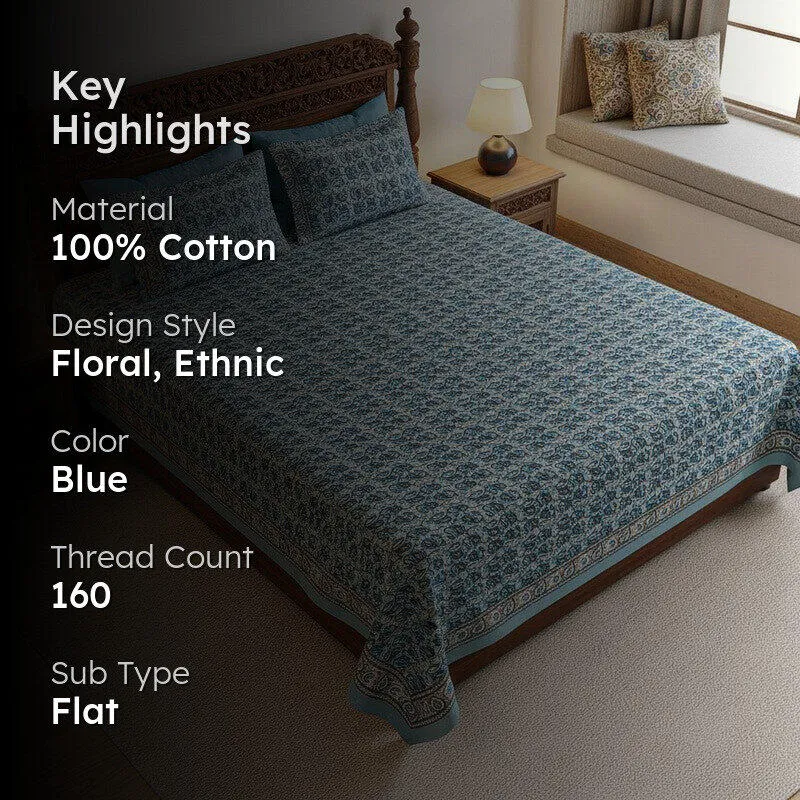 Timeless Motifs Cotton Bedsheet (Blue) - 180 TC media 2