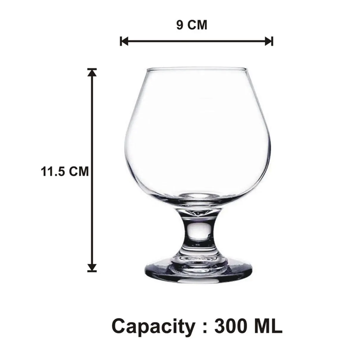 Clear snifter-style glass shown with measurement arrows
