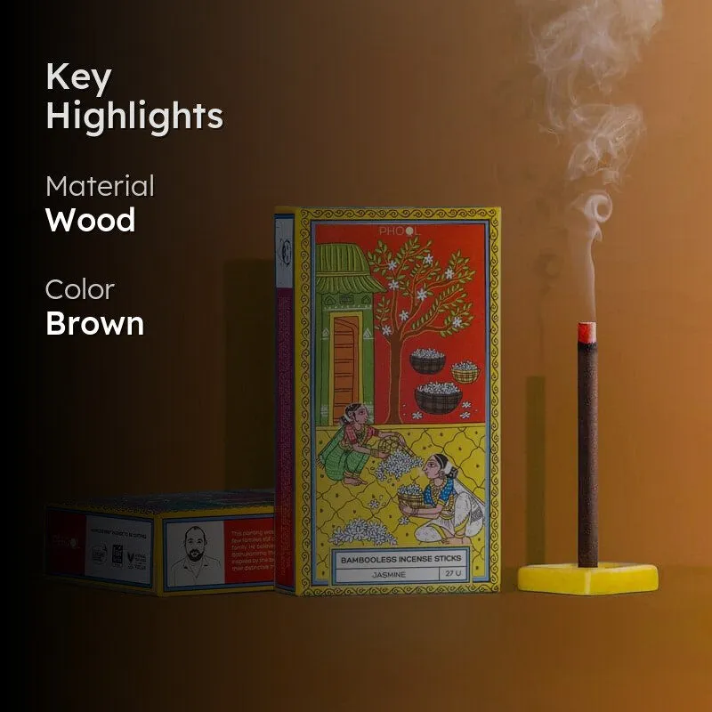 Jasmine bambooless incense sticks packaging with lit stick and highlights overlay