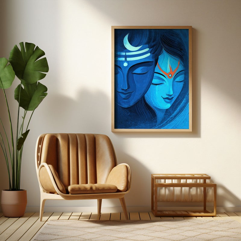 Lord Shiva & Parvati Devotional II Archival Paper Wall Art - Natural Brown Frame