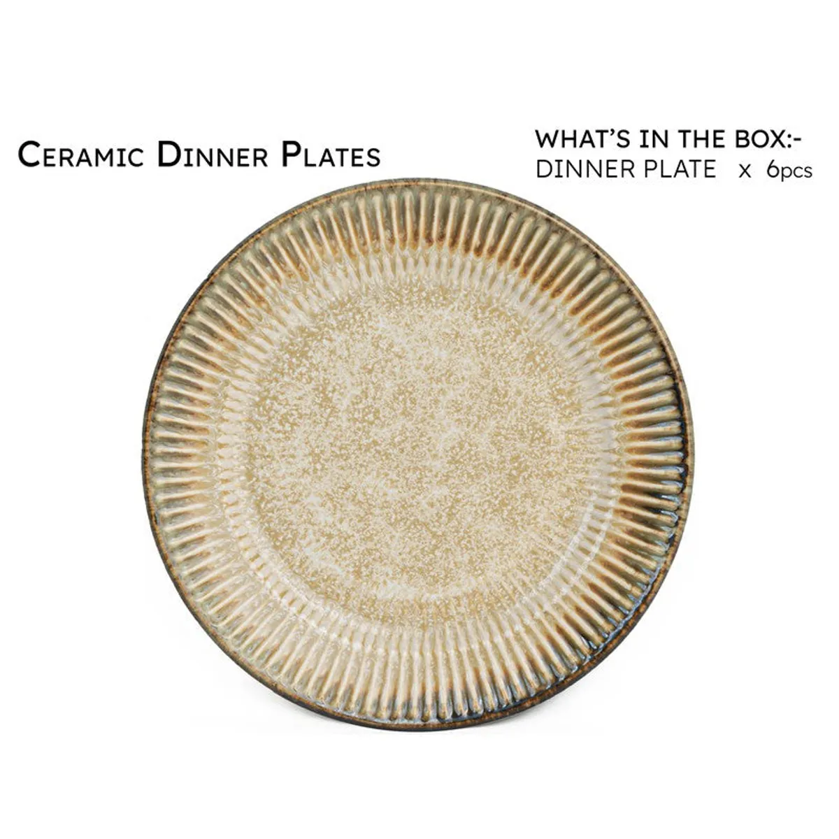 Close-up view of a beige ceramic dinner plate with ribbed detailing