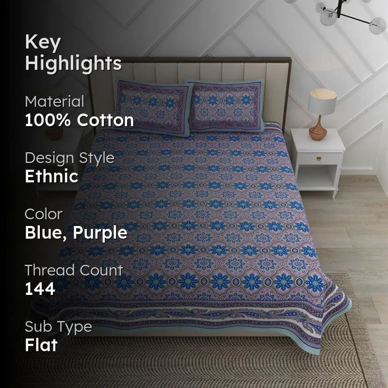 Sakaris Floral Cotton Bedsheet (Blue) - 144 TC media 2