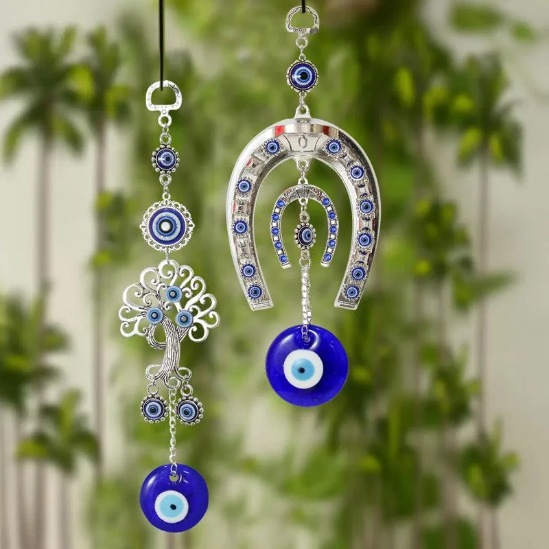 Tree Of Life & Horse Shoe Evil Eye Metal Wall Accent - Set Of Two media 1