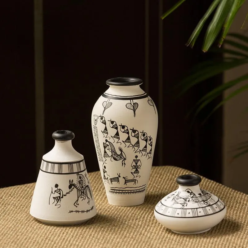 Vasavi Warli Handpainted Terracotta Vase - Set Of Three media 1