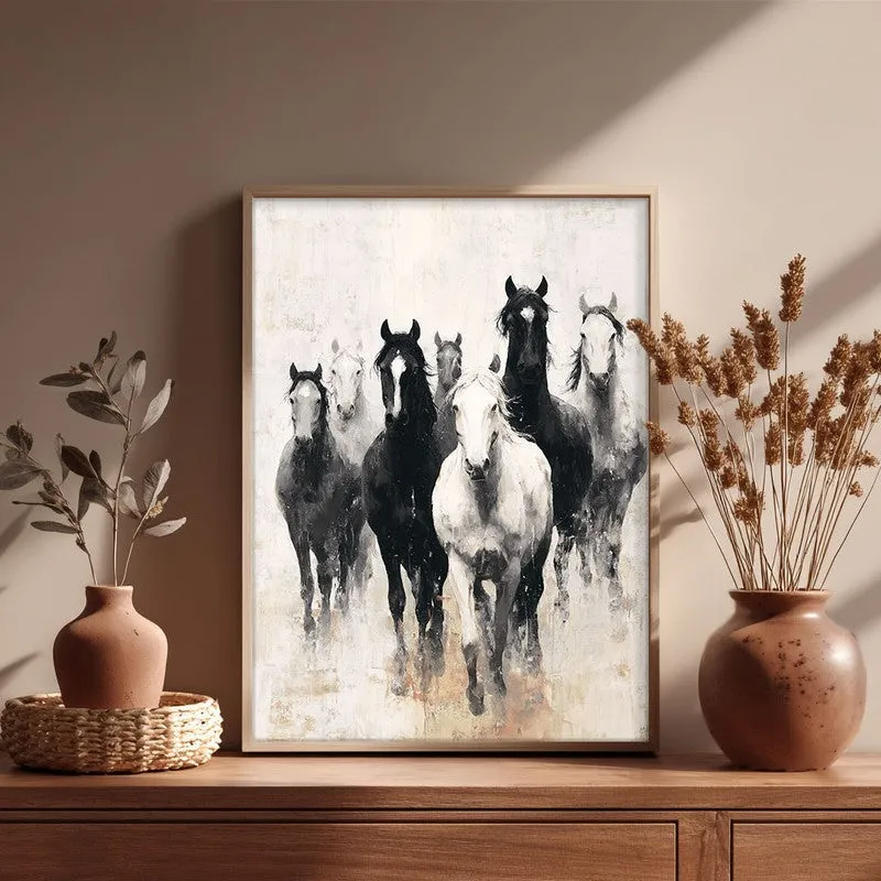 Charcoal Horse Stampede Wall Painting With Brown Frame media 5