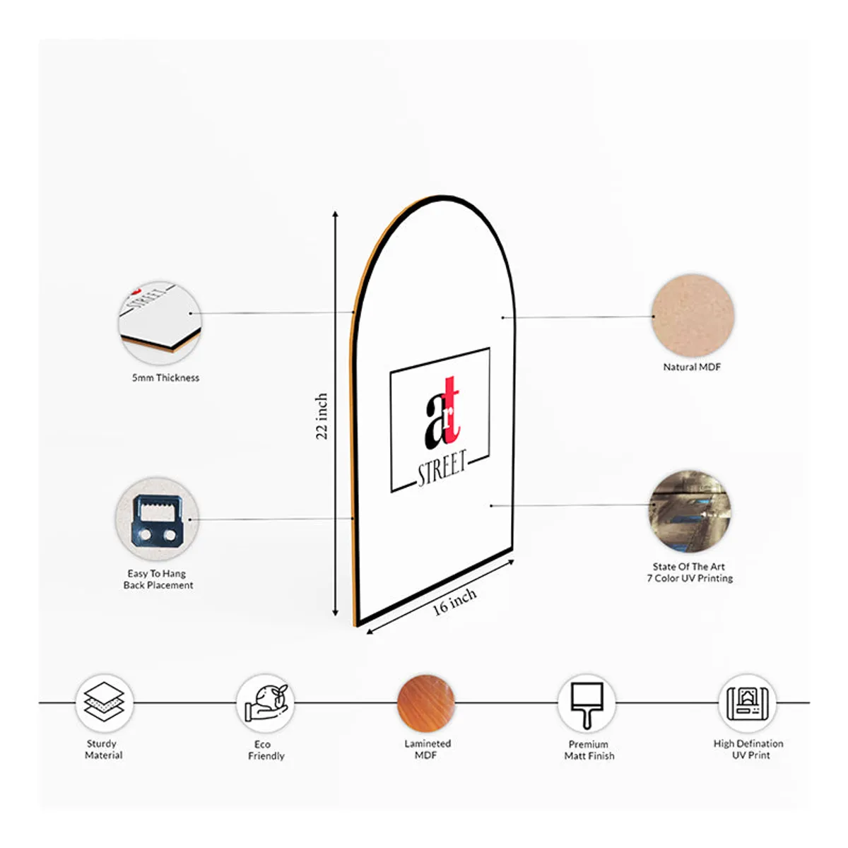Product information graphic showing an arched wall art panel with material and finish callouts.