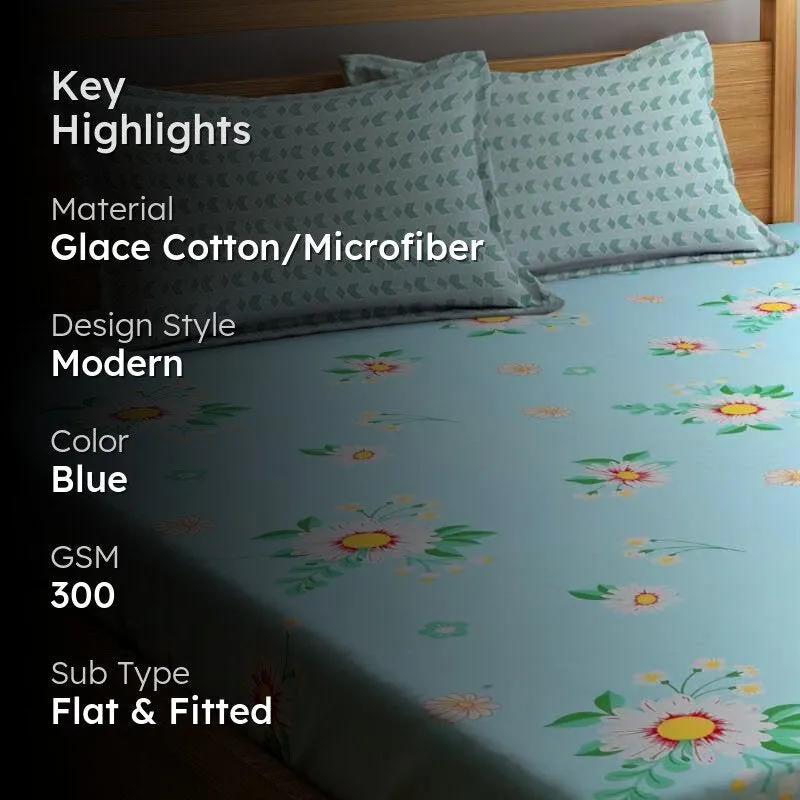 Blue Mosaic Floral Microfiber Bedsheet - 300 GSM media 2