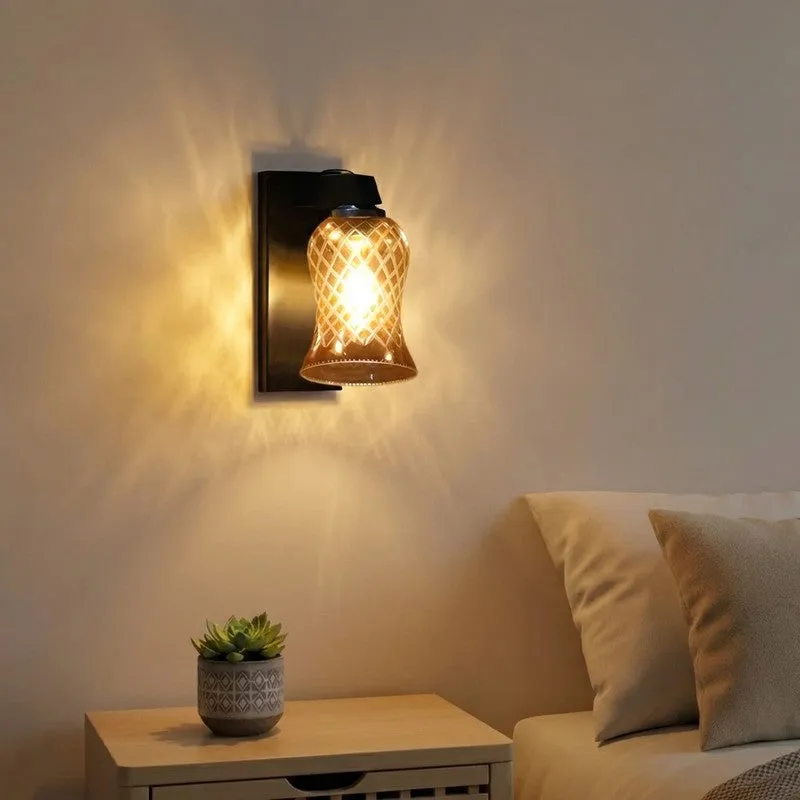 Crystal Lattice Wooden Base Glass Wall Lamp media 1