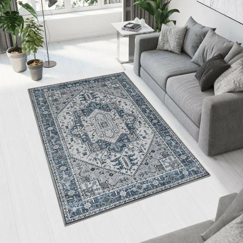 Blue and grey patterned carpet placed in a living room