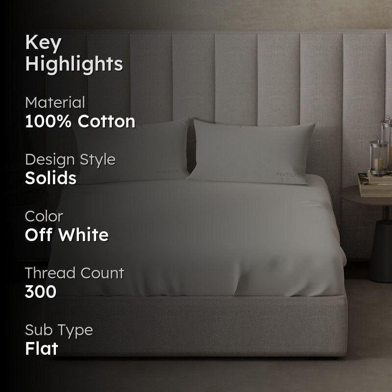 Nautica Cove Accent Solid Cotton Bedsheet (Off White) - 300 TC media 2