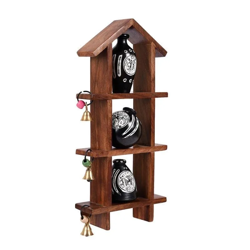 Home Charm Wooden Wall Shelf With Black Pot - Set Of Four media 4