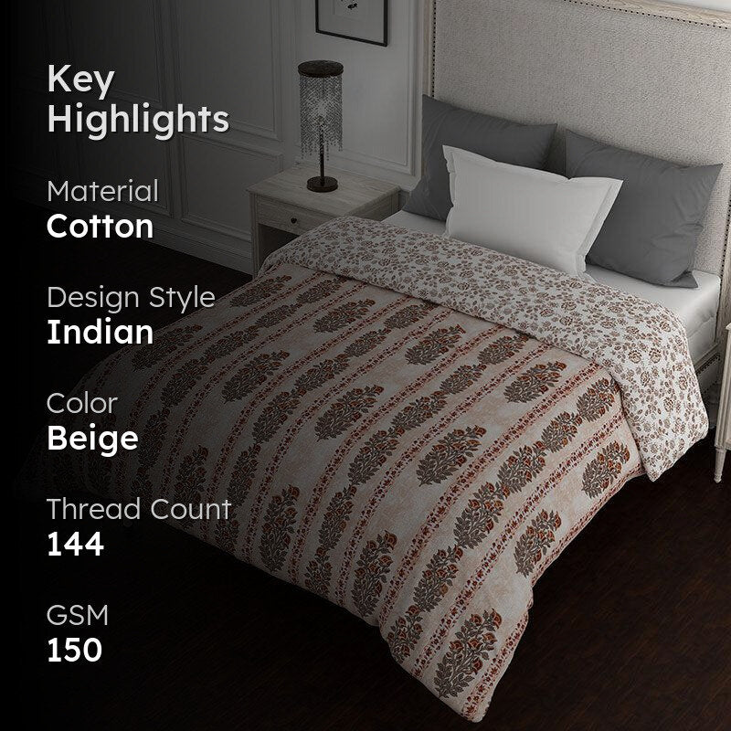 Chaya Reversible Ethnic Cotton Comforter (Beige) - 150 GSM media 2