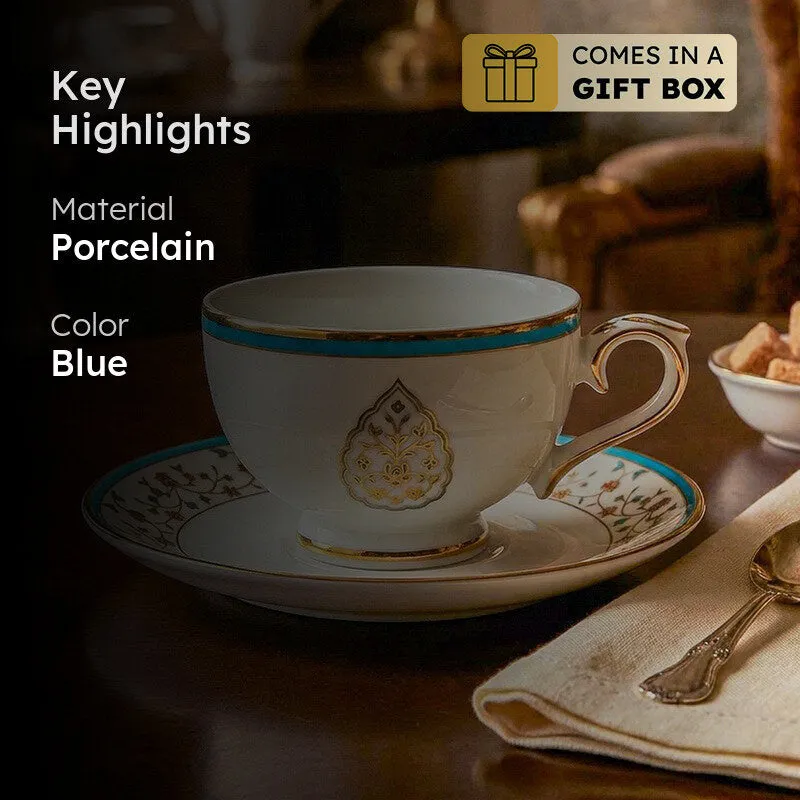 Gilded Mavi 24k Gold Brushed Porcelain Tea Cup & Saucer (280 mL) - Set of Six media 2