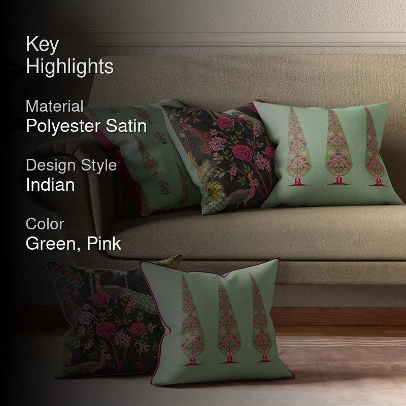 India Circus Peacock & Pine Printed Satin Cushion Cover - Set Of Five media 2