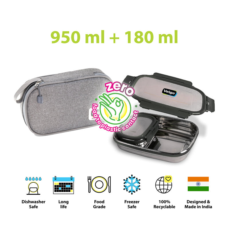 Delico Pack Black Lunch Box With Insulated Pouch (775 mL /150 mL) - Three Piece Set image 6