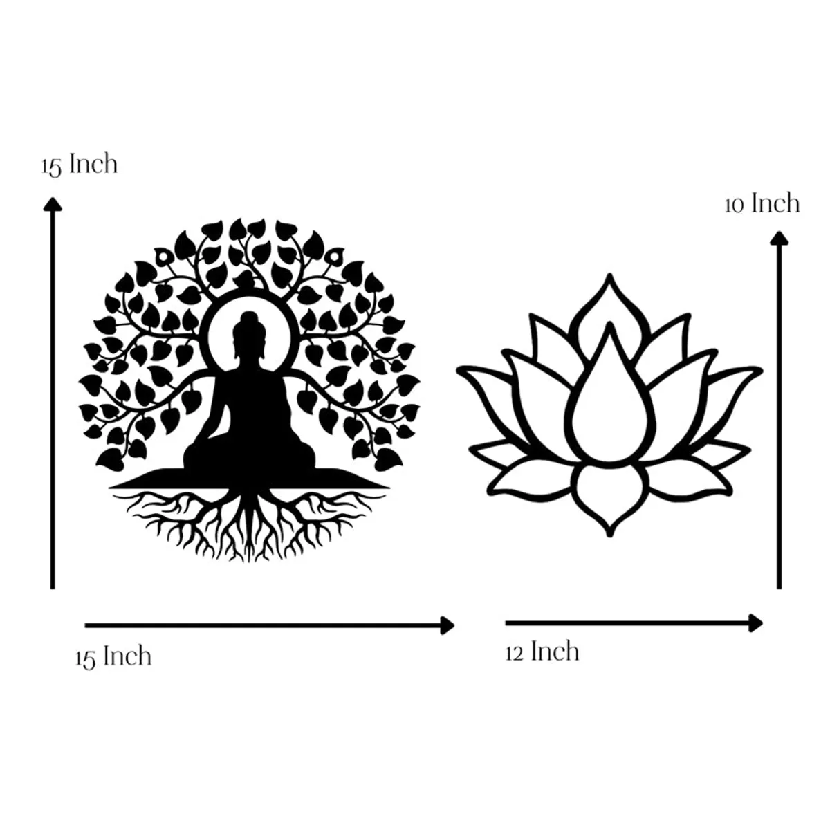 Buddha tree and lotus wall accents shown side by side with measurement arrows.