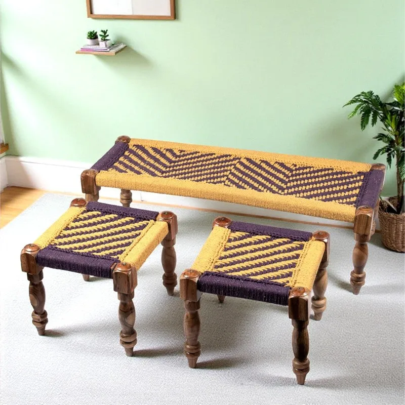 Calon Sheesham Wooden Bench with Stools (Yellow,Purple) - Three Piece Set media 1