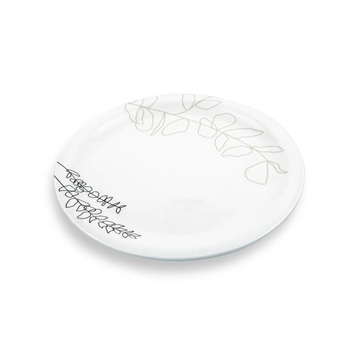 Single glossy white round dinner plate with delicate botanical border details