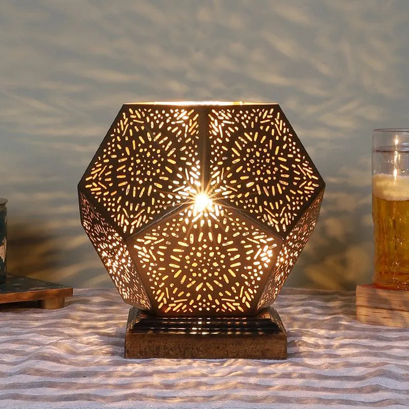 Hexa Flora Etched Metal Table Lamp With Brown Base - Gold media 1