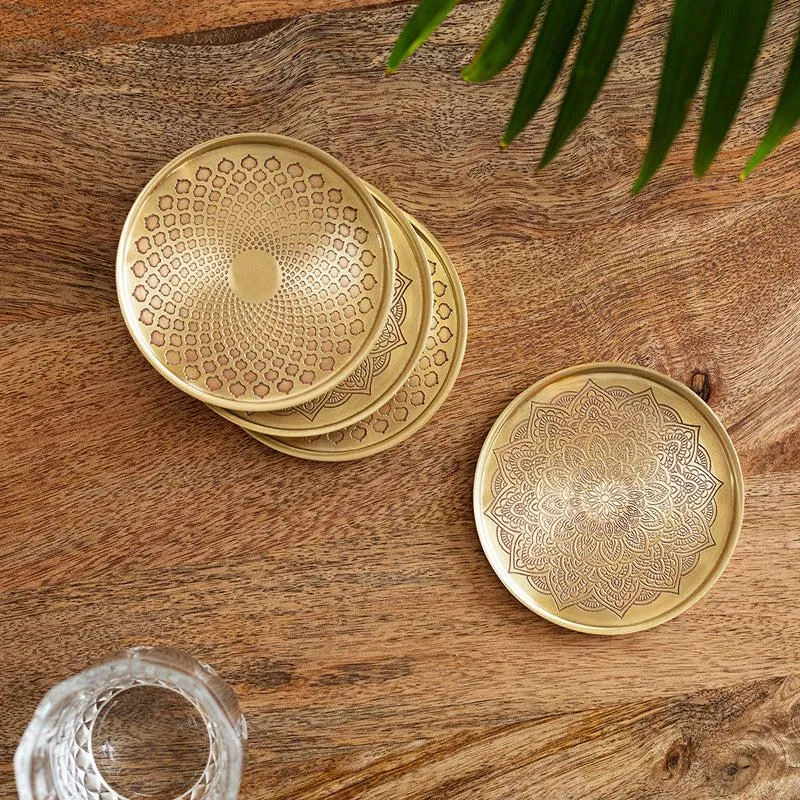 Sufi Mandala Hand-Etched Brass Coaster - Set Of Four media 1