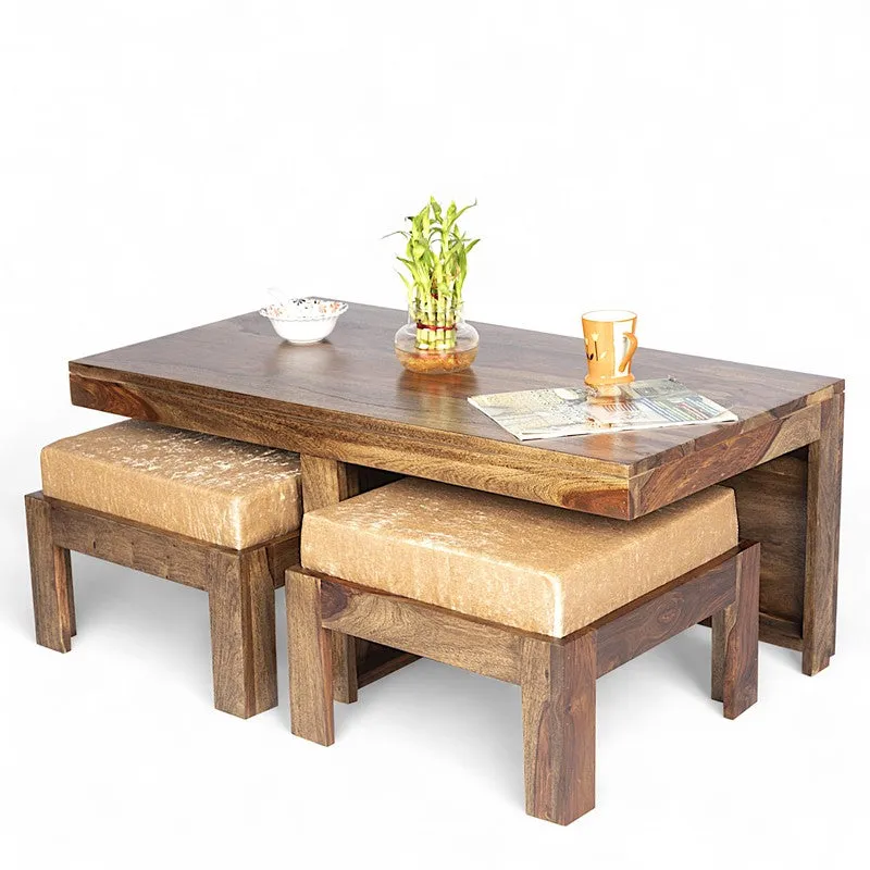 Drexon Sheesham Wooden Center Table with Stools (Brown,Grey) - Five Piece Set media 5