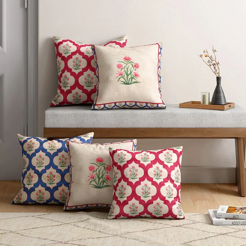 India Circus Poppy Portal Printed Velvet Cushion Cover - Set Of Five media 3