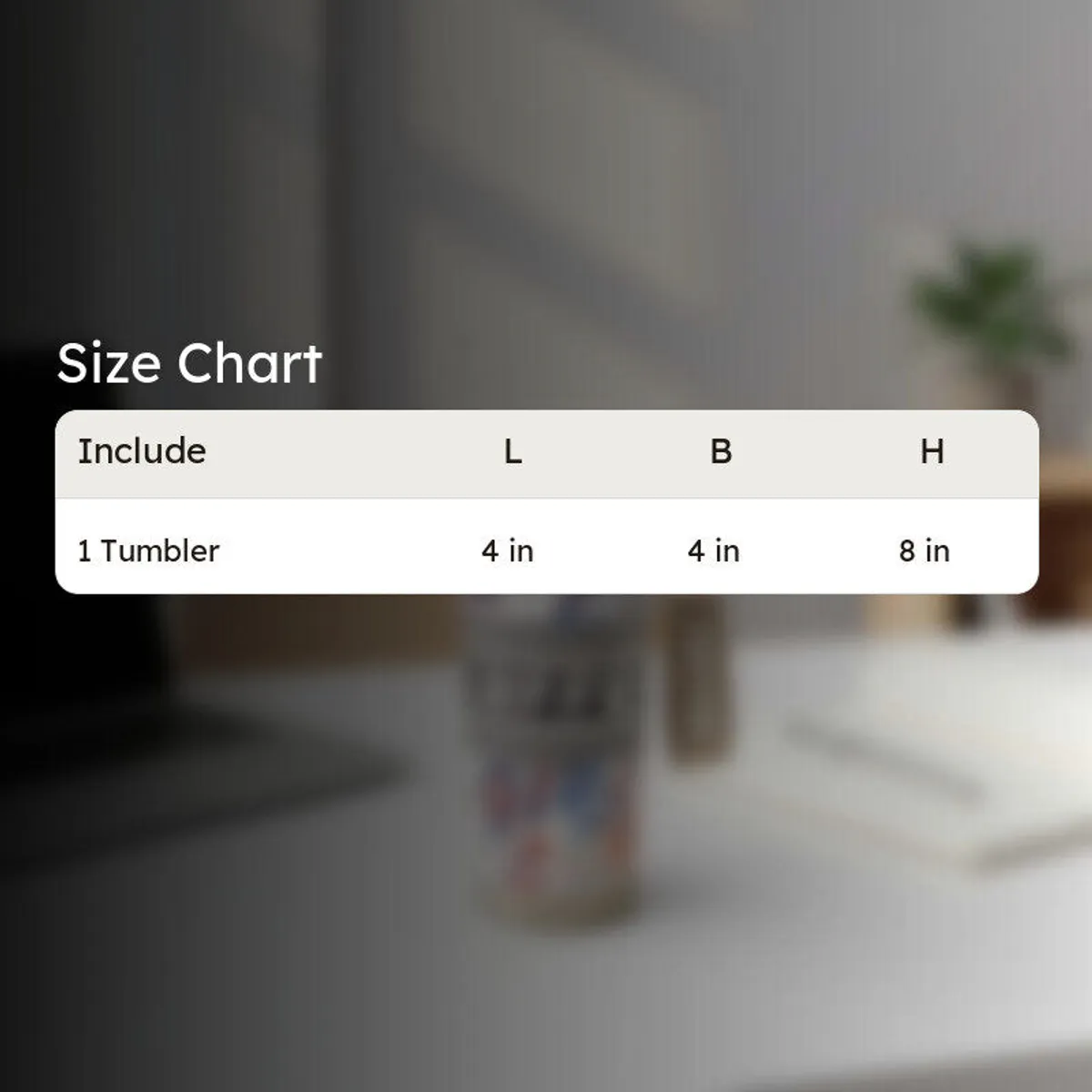 Coffee tumbler shown on a plain background with measurement guide
