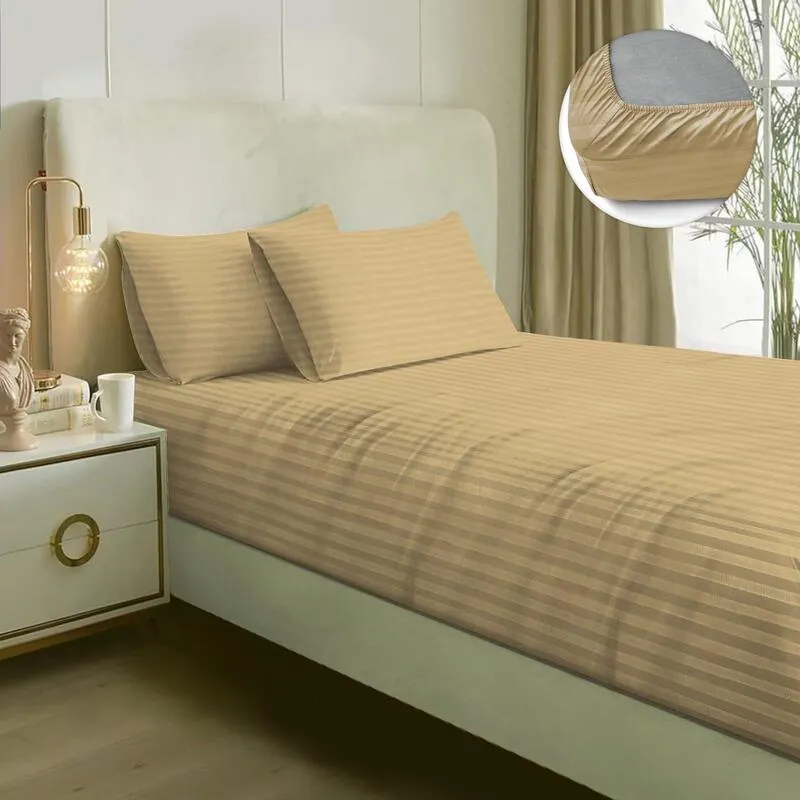 Adalyn Striped Cotton Bedsheet (Beige) - 210 TC media 1
