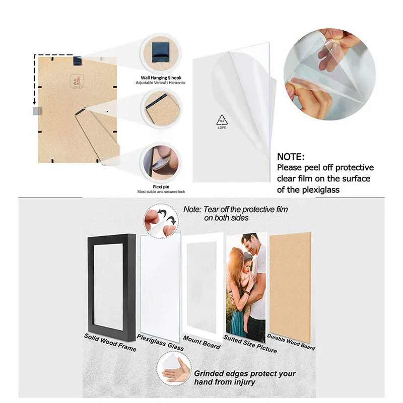 Back of a photo frame showing hanging hardware and a protective film detail.