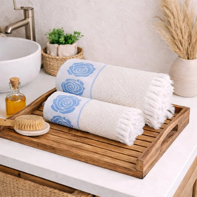 Rosette Cotton Bath Towel (Blue & White) - Set Of Two media 1