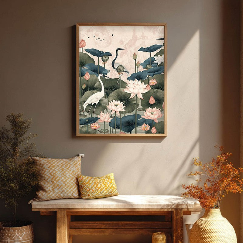 Lotus Garden Birds Canvas Wall Painting With Brown Frame