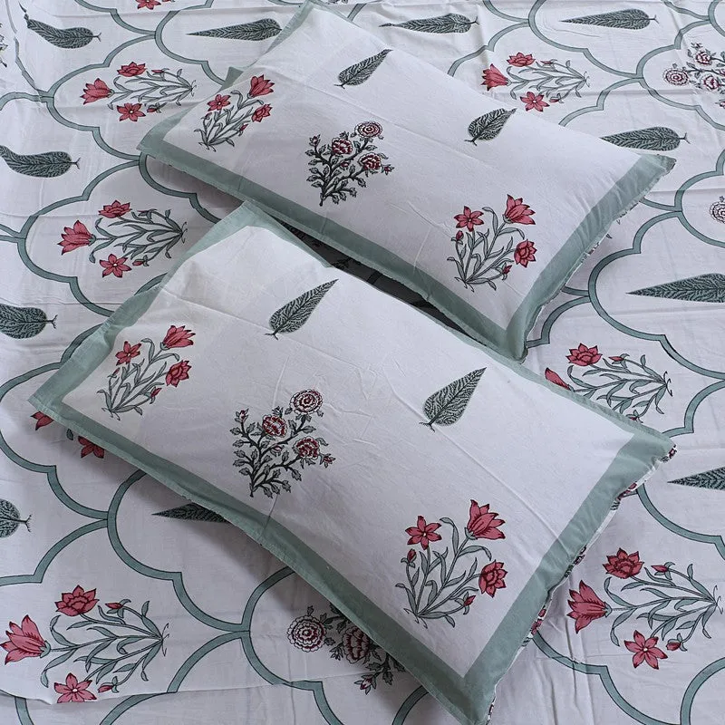 RiwaayatWhite Handblock Printed Cotton Bedsheet (Olive) - 400 TC media 3