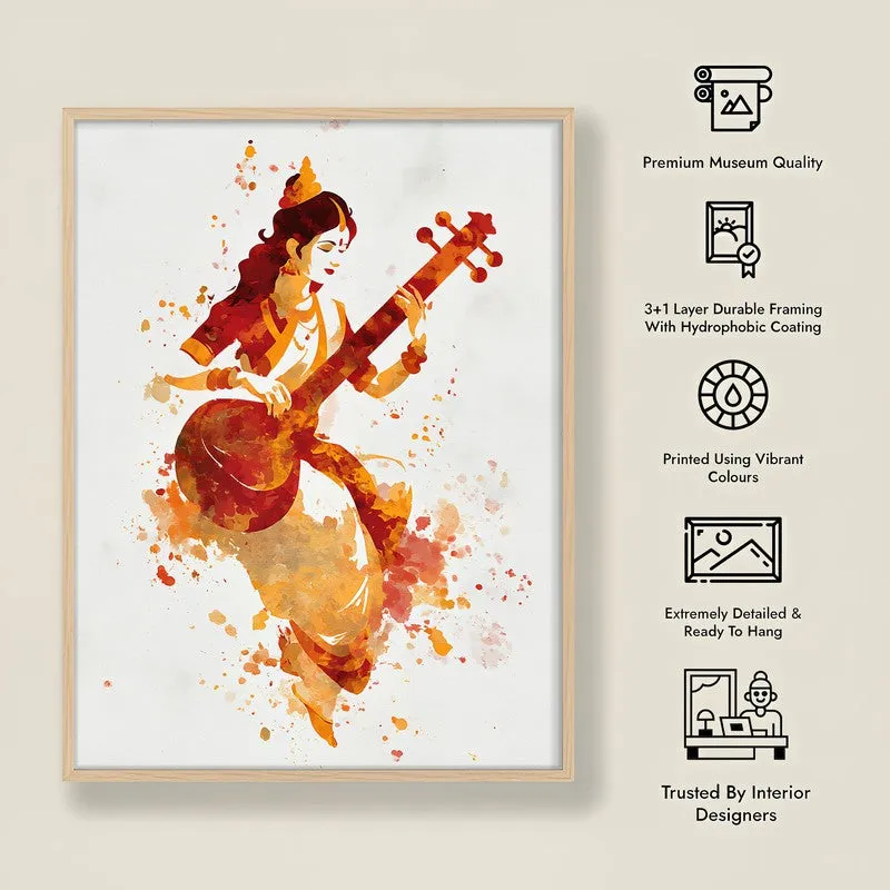 Sri Saraswati Devi Divine Harmony Archival Paper Wall Art - Natural Brown Frame media 8