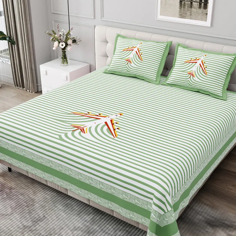 Illusion Stripey Flight Cotton Bedsheet (Green) - 200 TC media 1