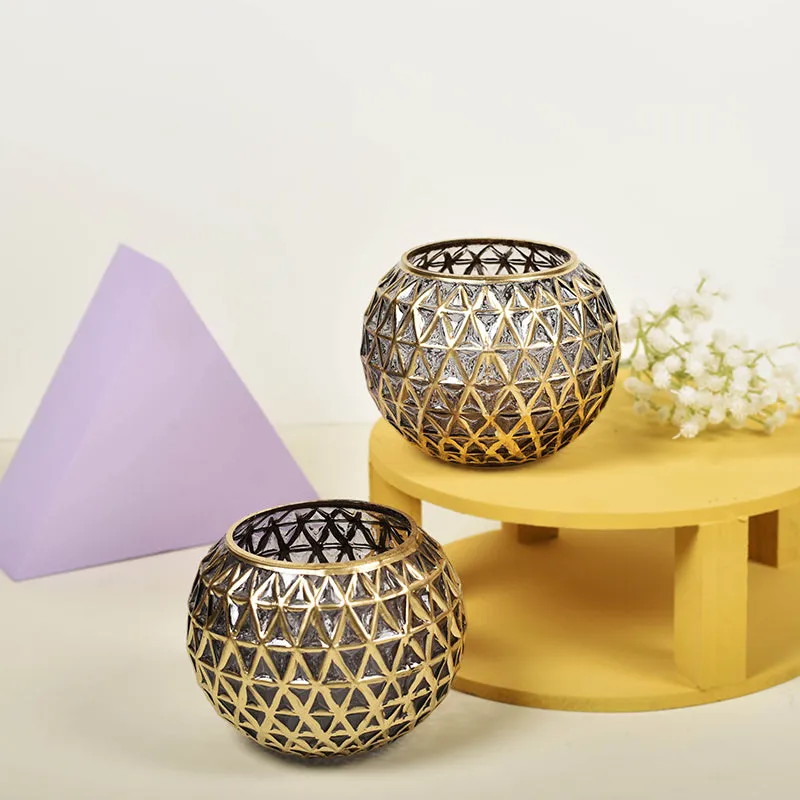 Foiled Sphere Candle Holder (Gold,Grey) - Set Of Two media 1